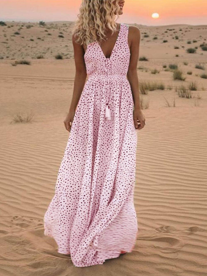 Bohemian V-Neck Sleeveless Polka-Dot Maxi Dress Maxi Dresses JURKJESBOETIEK Pink S 