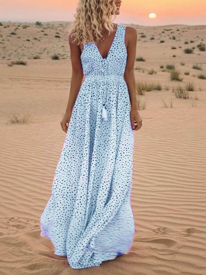 Bohemian V-Neck Sleeveless Polka-Dot Maxi Dress Maxi Dresses JURKJESBOETIEK Sky Blue S 