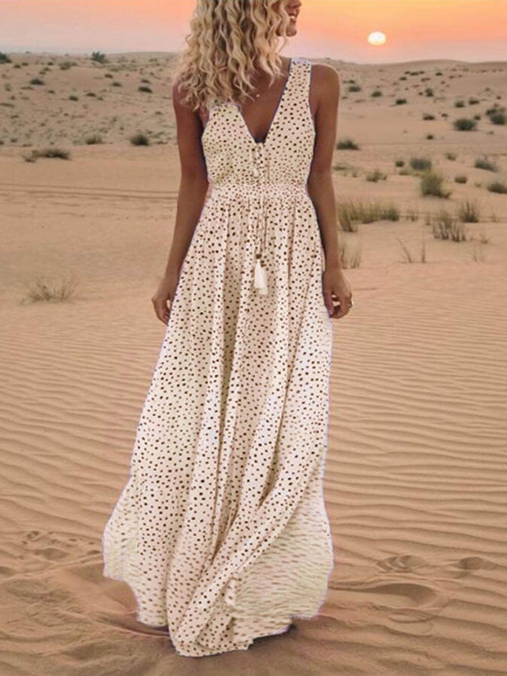 Bohemian V-Neck Sleeveless Polka-Dot Maxi Dress Maxi Dresses JURKJESBOETIEK Beige S 