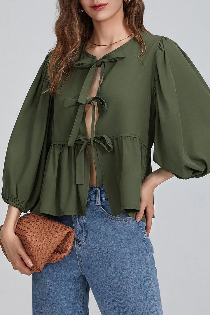 Pauline Puff Sleeve Peplum Bow Ties Blouse Top