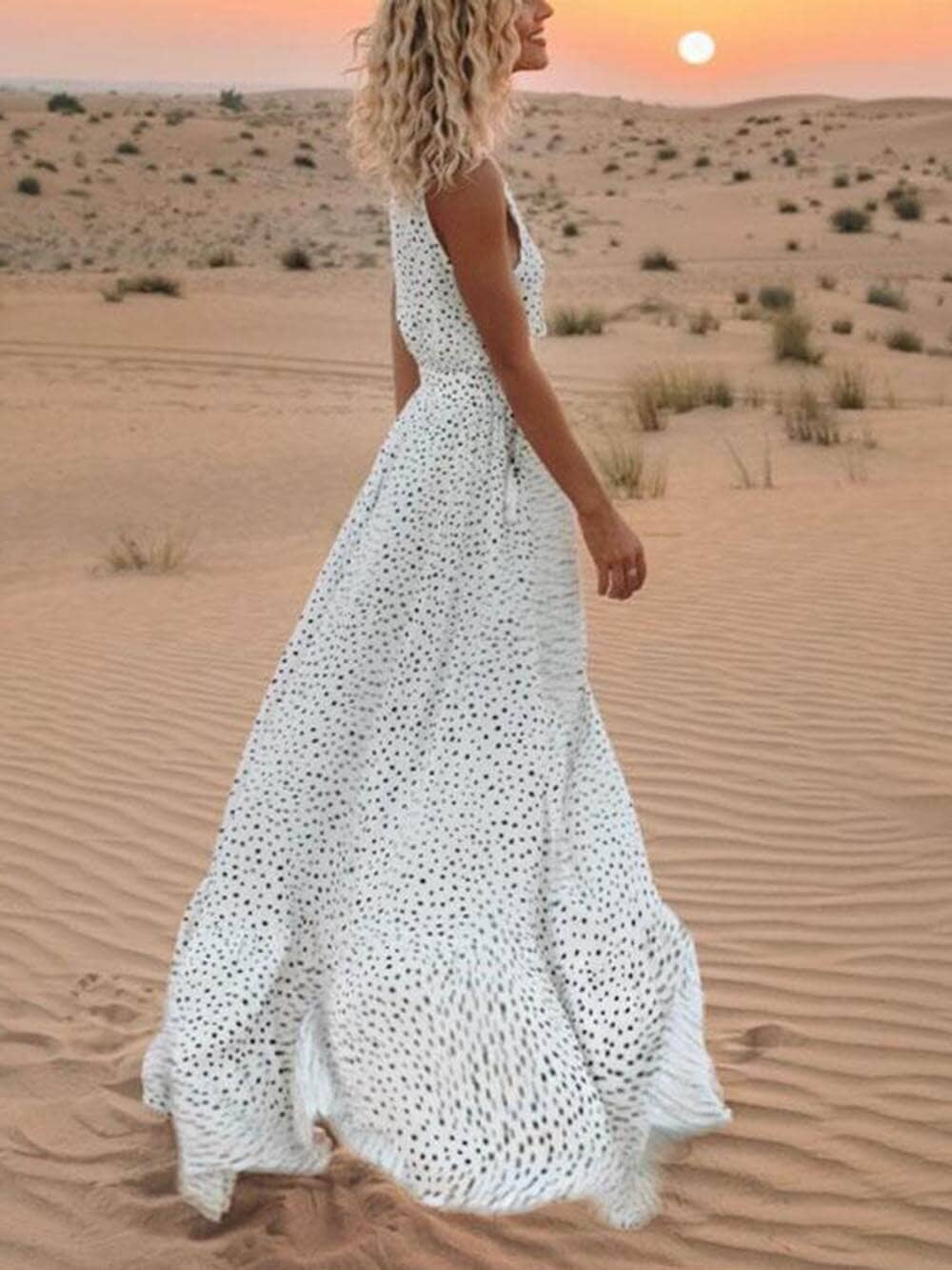 Bohemian V-Neck Sleeveless Polka-Dot Maxi Dress Maxi Dresses JURKJESBOETIEK White S 