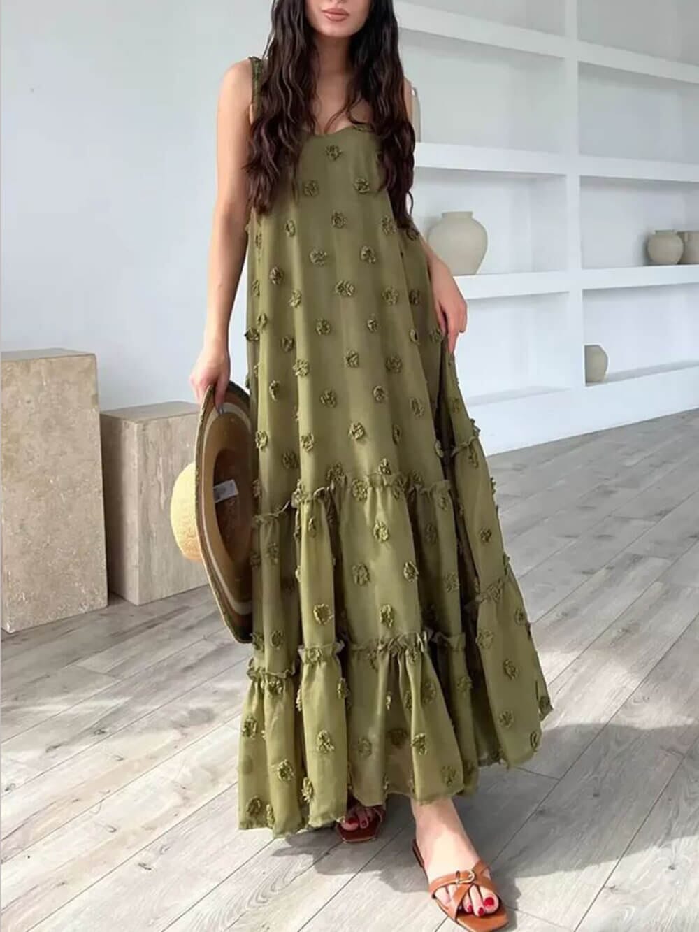 Pretty Flower Decor A-Line Layered Loose Maxi Dress Maxi Dresses JURKJESBOETIEK Green S 