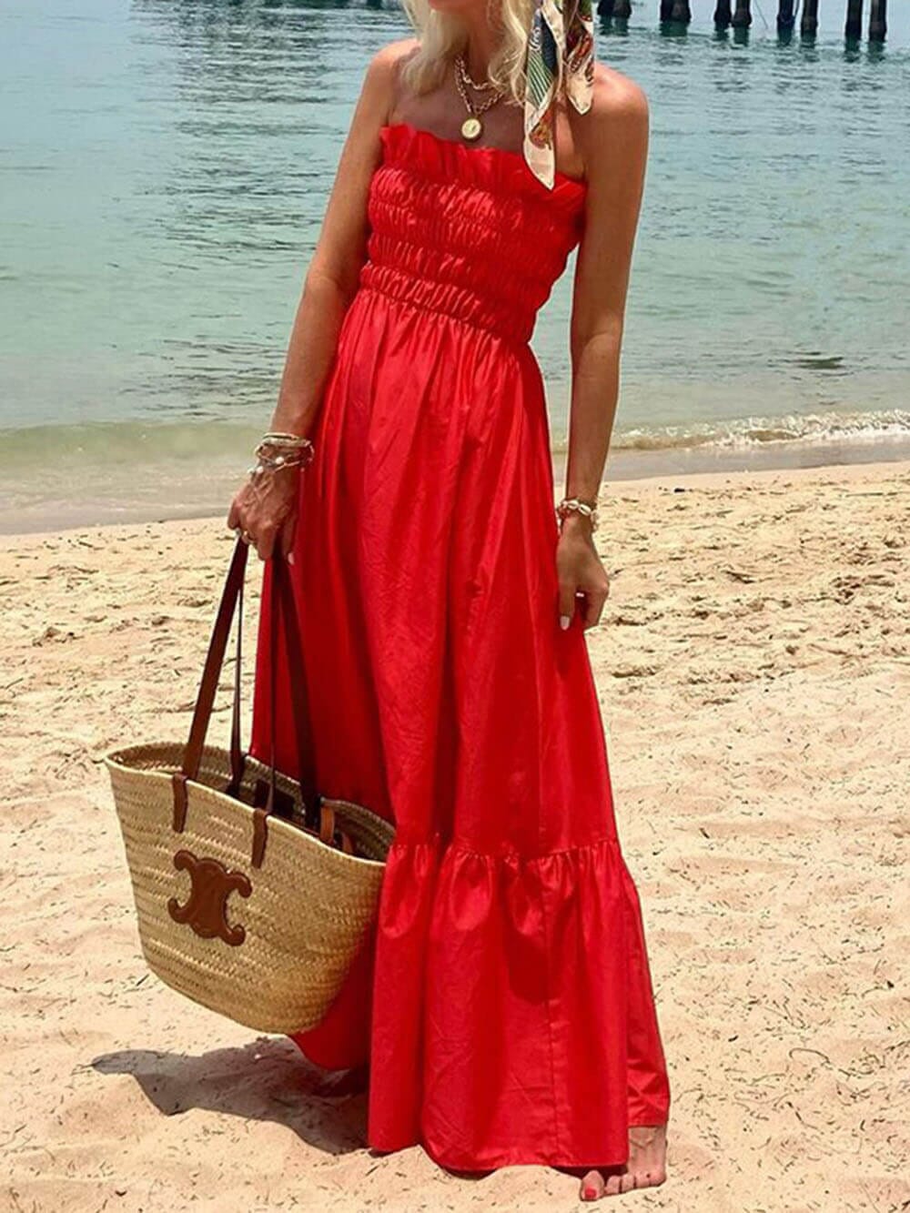 Smocked Bust Off Shoulder Vacation Maxi Dress Maxi Dresses JURKJESBOETIEK Red S 