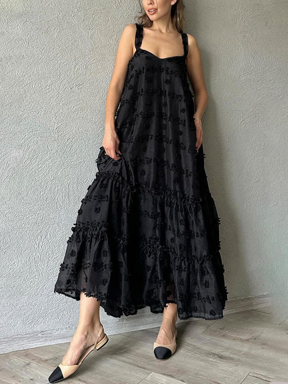 Pretty Flower Decor A-Line Layered Loose Maxi Dress Maxi Dresses JURKJESBOETIEK Black S 