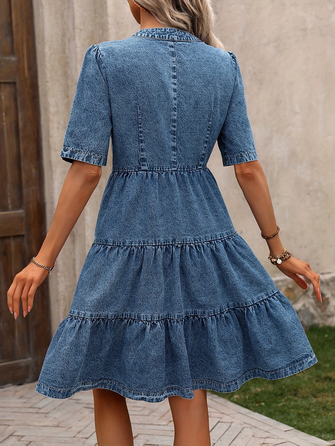 Janna Layered Ruffled Sleeves Elegant Denim Dress