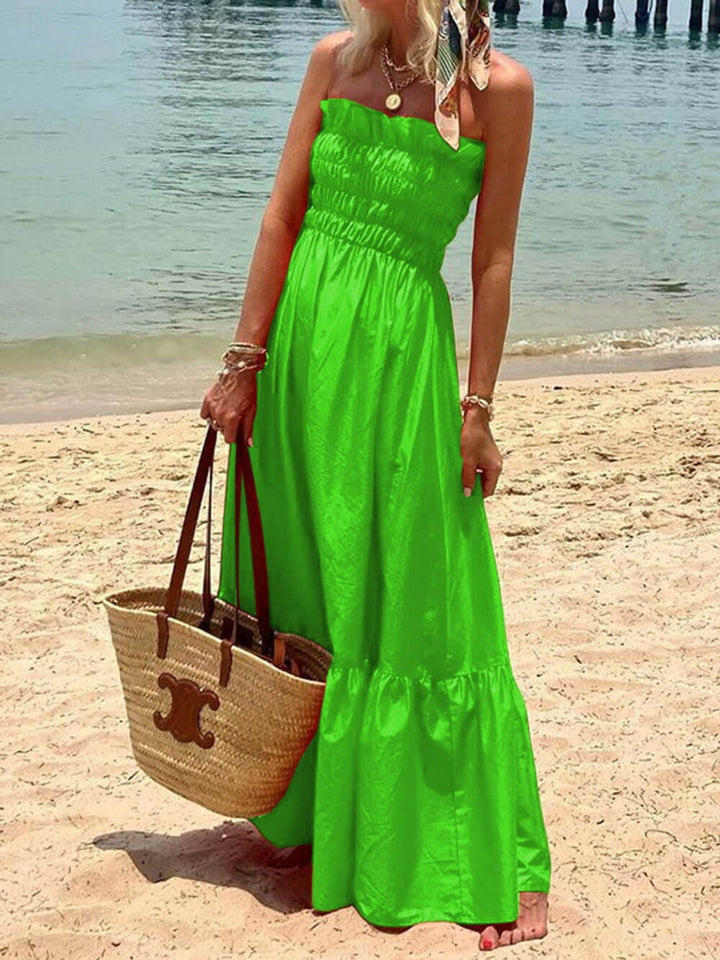 Smocked Bust Off Shoulder Vacation Maxi Dress Maxi Dresses JURKJESBOETIEK Green S 