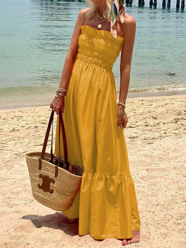 Smocked Bust Off Shoulder Vacation Maxi Dress Maxi Dresses JURKJESBOETIEK Yellow S 