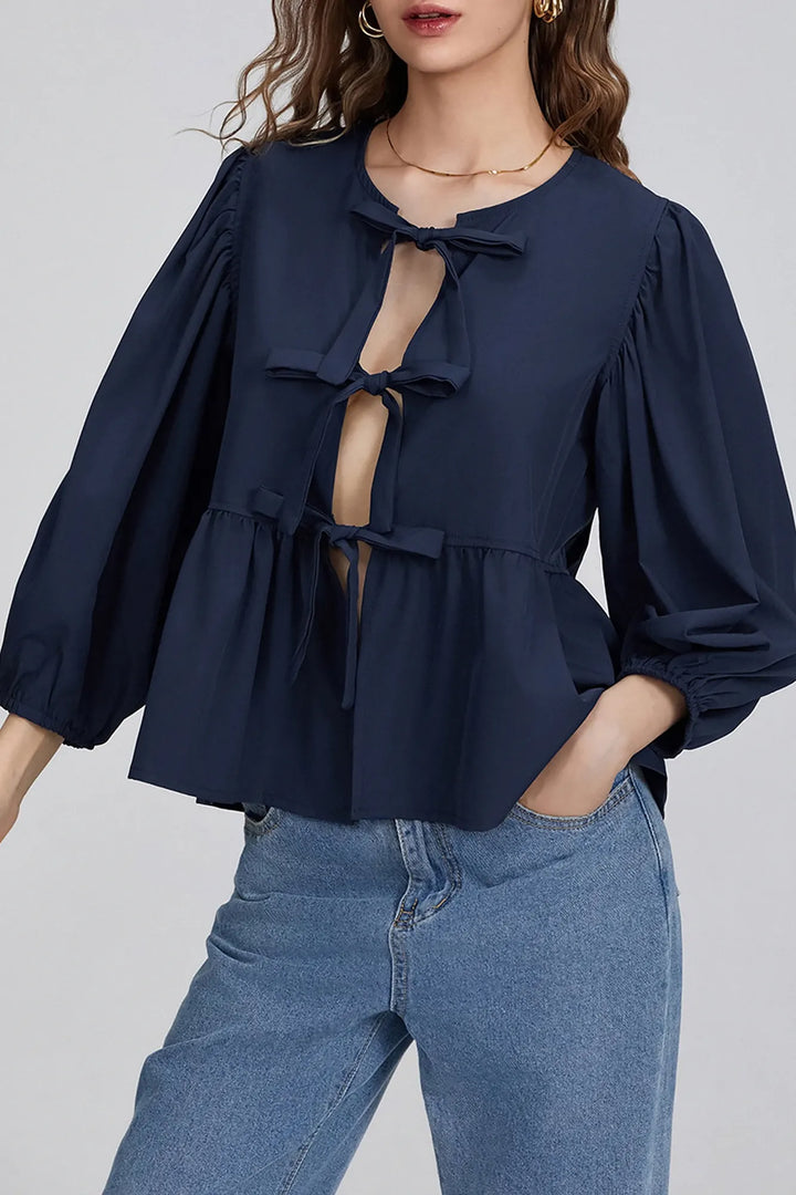 Pauline Puff Sleeve Peplum Bow Ties Blouse Top