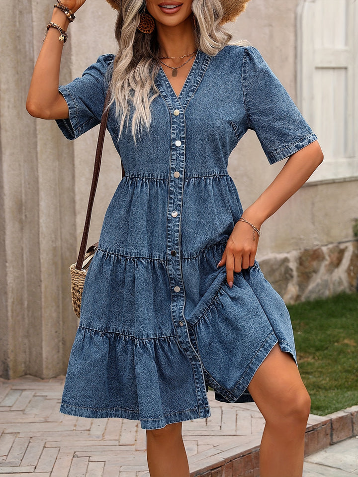 Janna Layered Ruffled Sleeves Elegant Denim Dress