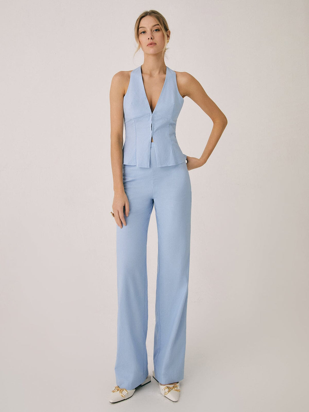 Luna Straight Pants Set Old Money Style SOPHIE/CLAIRE Light Blue S 