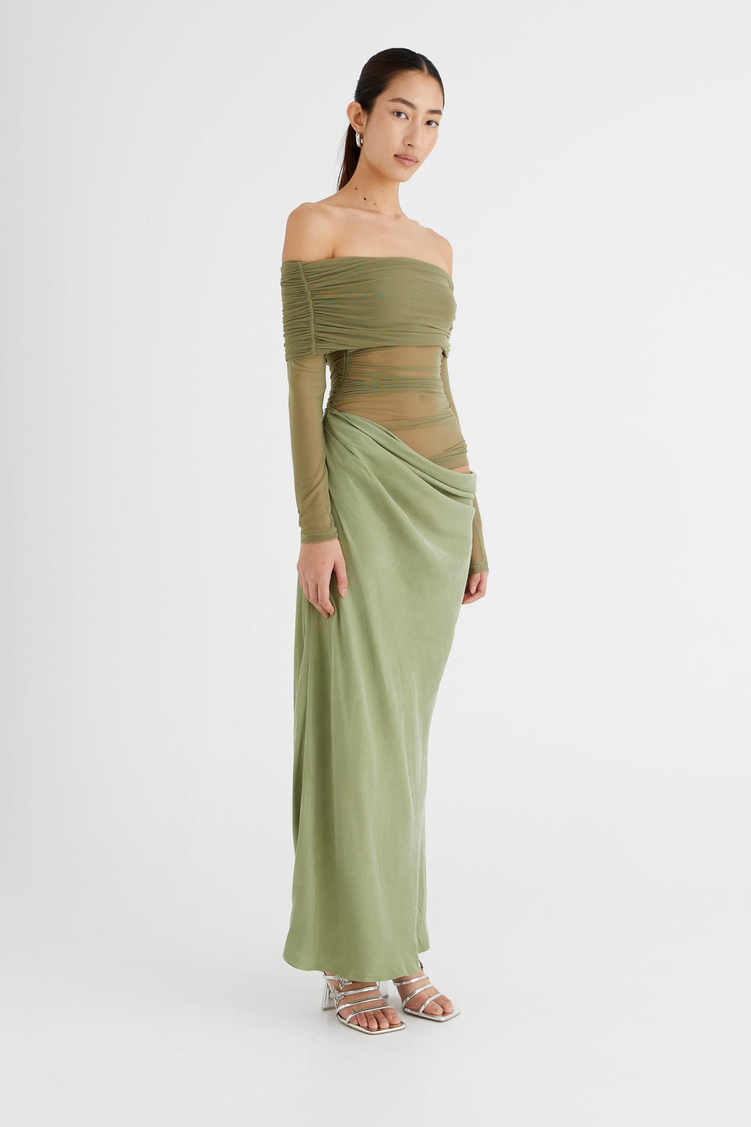 Lillian Off Shoulder Sheer Maxi Mesh Dress