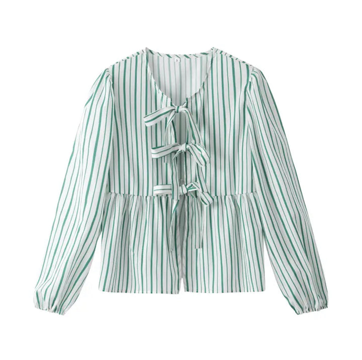 Adria Stripes Puff Sleeve Peplum Bow Ties Blouse