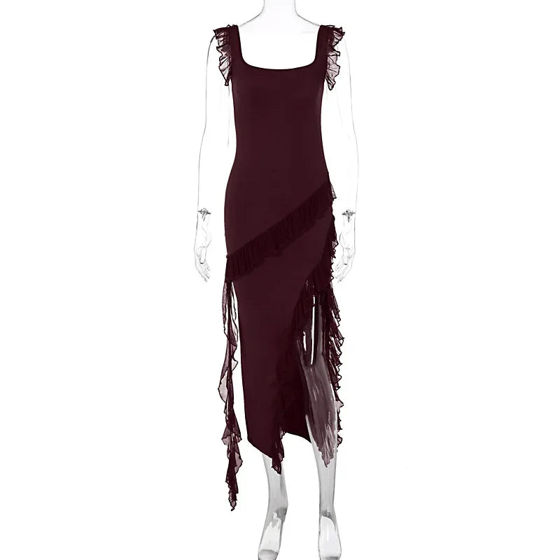 Sexy Sleevelss Ruched Party Club Bodycon Y2K Maxi Split Dresses For Women Summer 2024 Fashion Backless Evening Long Dress Outfit MyGirlClub. Burgundy S 