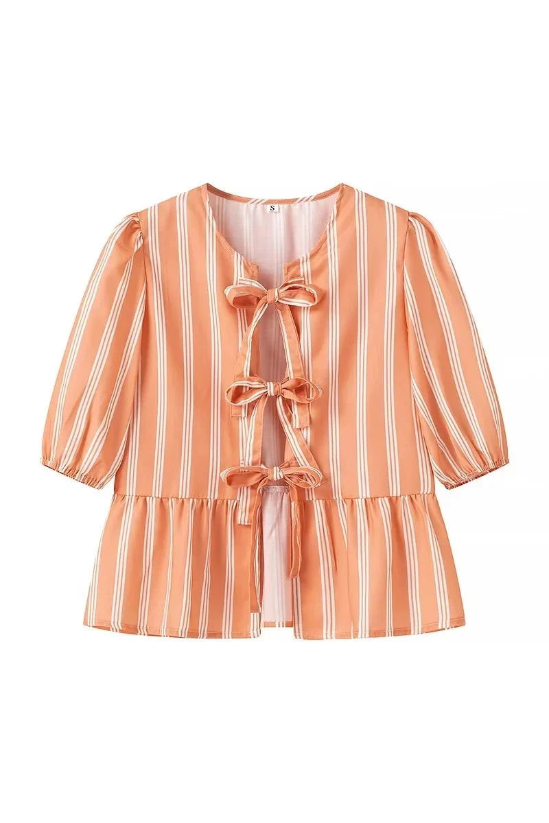 Stella Puff Sleeve Peplum Bow Ties Blouse