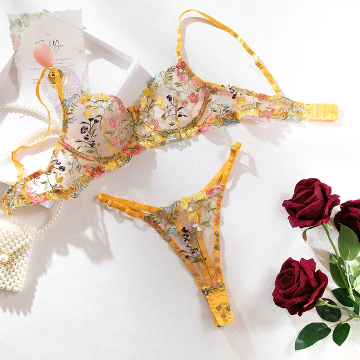 KIM™ | Transparante Bloemen BH Slip Set MyGirlClub. Geel S 