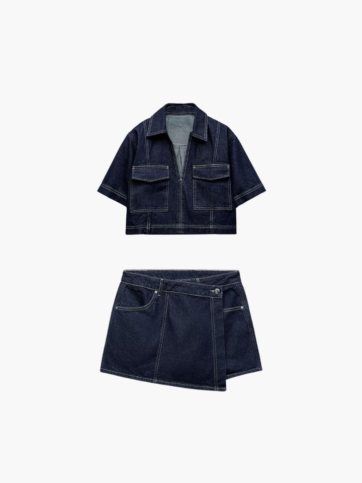 Zephara Denim Cropped-Top & Skirt Two-Piece Set SOPHIE/CLAIRE Dark Blue S 