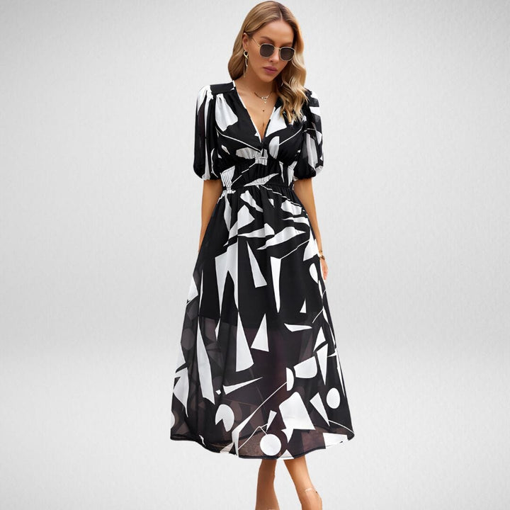 Roxanne Printed V-Neck Dress SOPHIE/CLAIRE Black S 