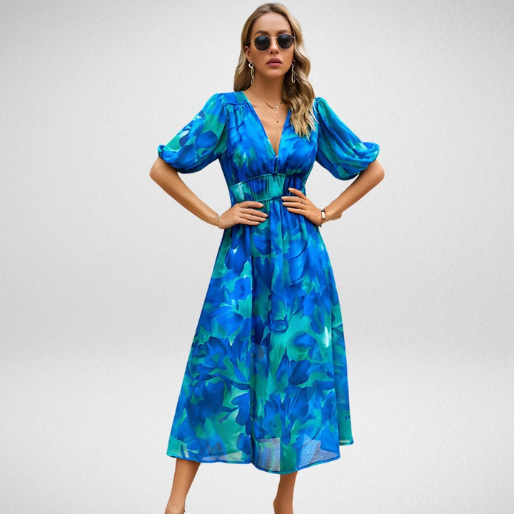 Roxanne Printed V-Neck Dress SOPHIE/CLAIRE Blue S 