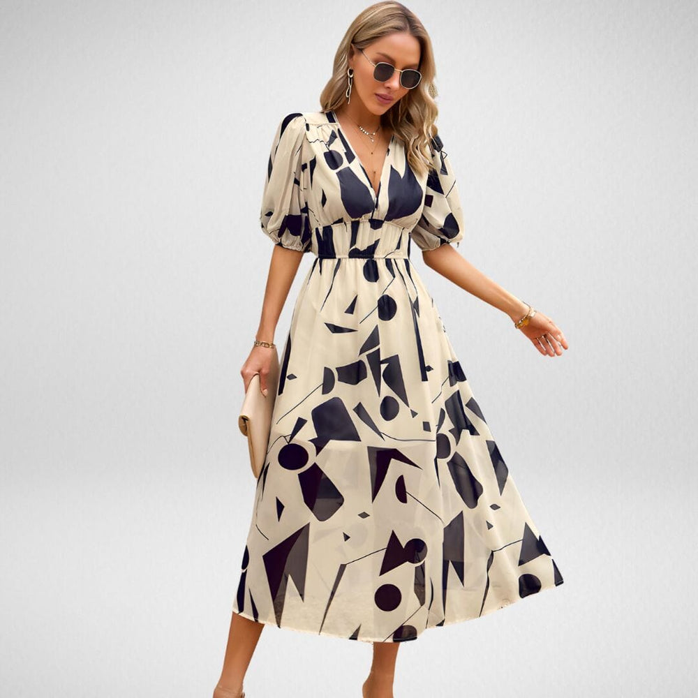 Roxanne Printed V-Neck Dress SOPHIE/CLAIRE Beige S 