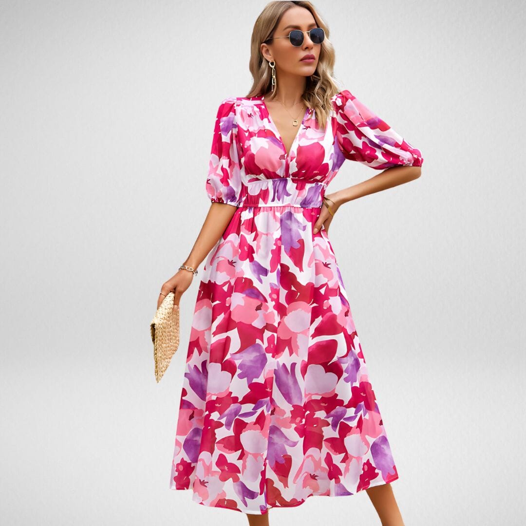 Roxanne Printed V-Neck Dress SOPHIE/CLAIRE Pink S 