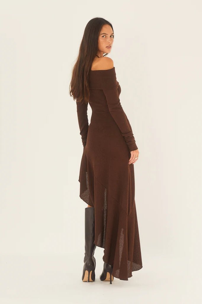 Aela Off-shoulder Flare Midi Knit Dress