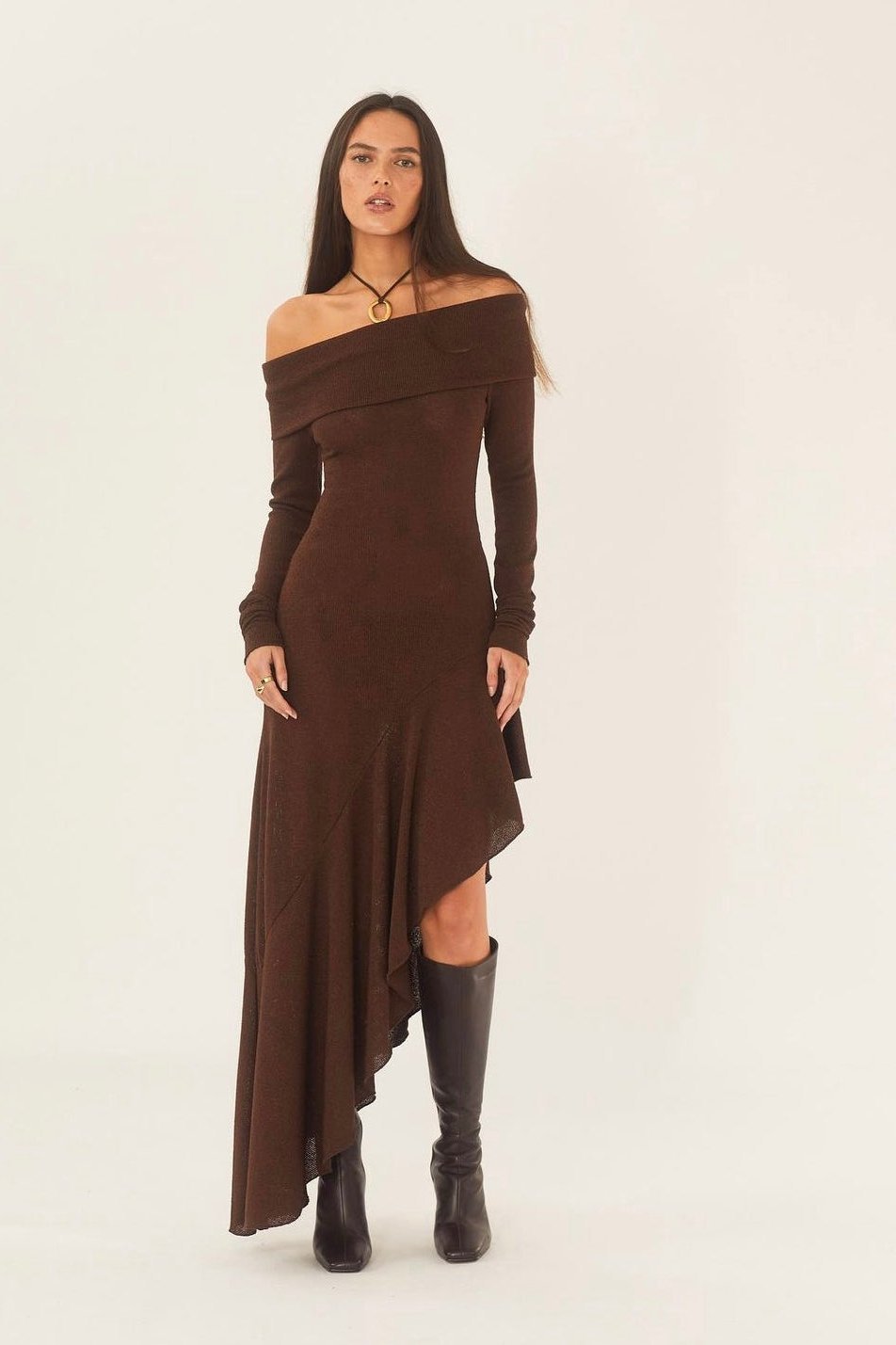 Aela Off-shoulder Flare Midi Knit Dress