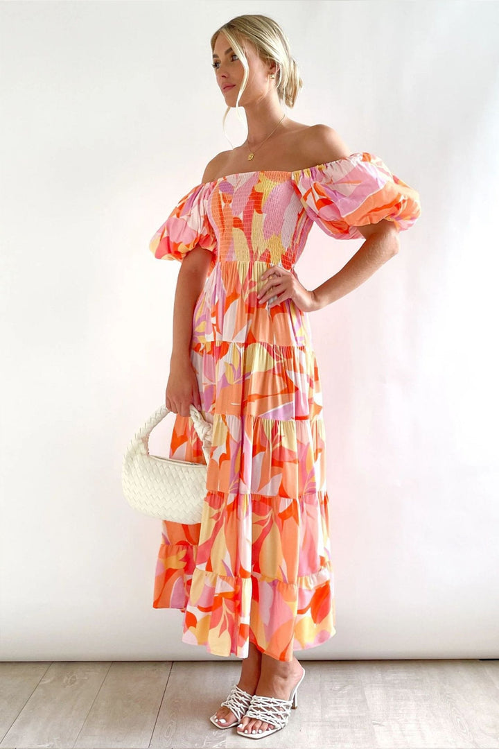 Aria Printed Off-shoulder Puff Sleeve Tiered Maxi Dress