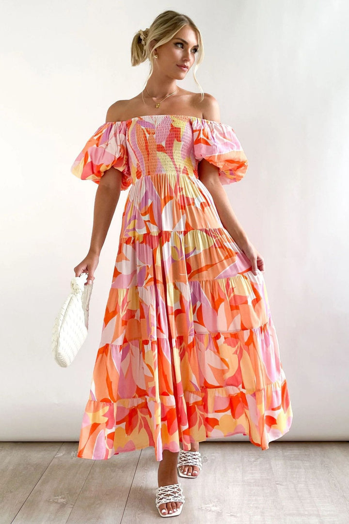 Aria Printed Off-shoulder Puff Sleeve Tiered Maxi Dress