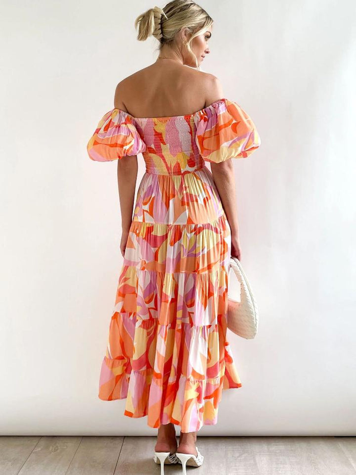 Aria Printed Off-shoulder Puff Sleeve Tiered Maxi Dress