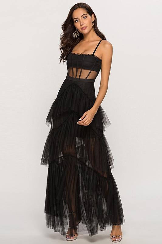 Andra Corset Leayered Mesh Slip Maxi Dress