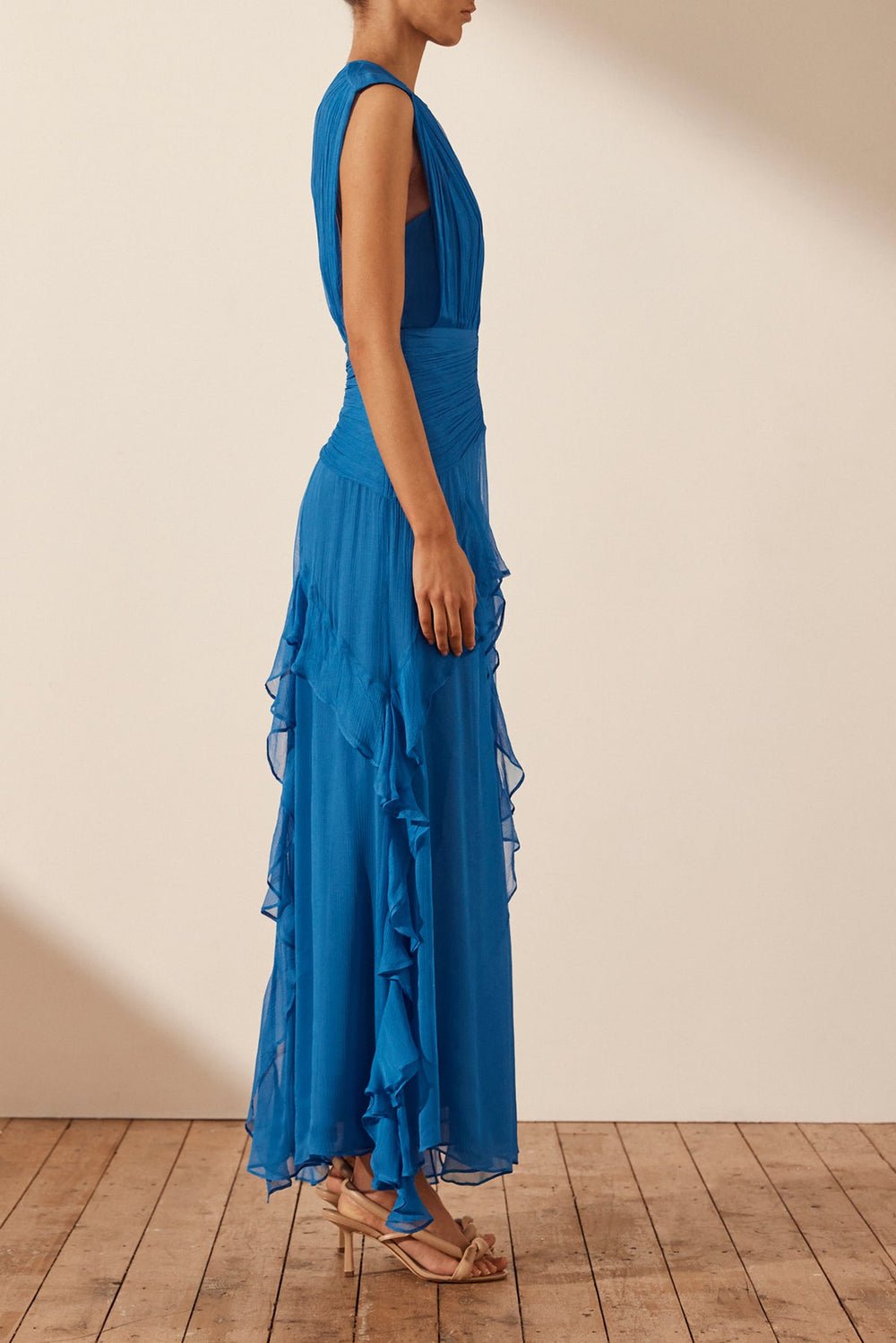 Eila Pleated Round Neck Ruffle Maxi Dress