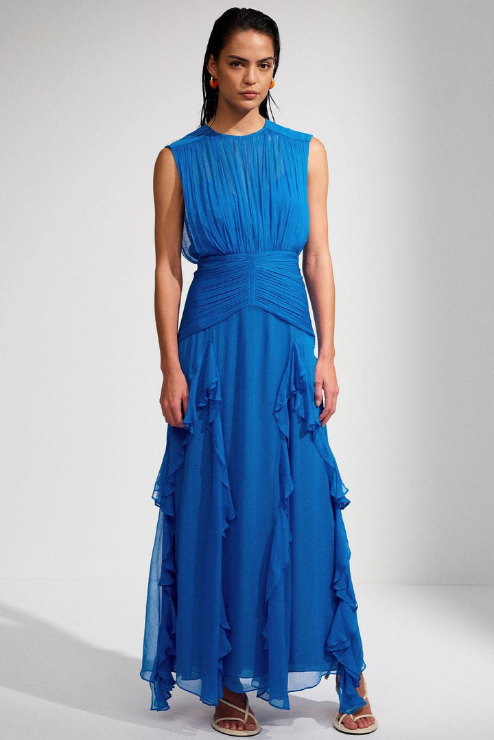 Eila Pleated Round Neck Ruffle Maxi Dress