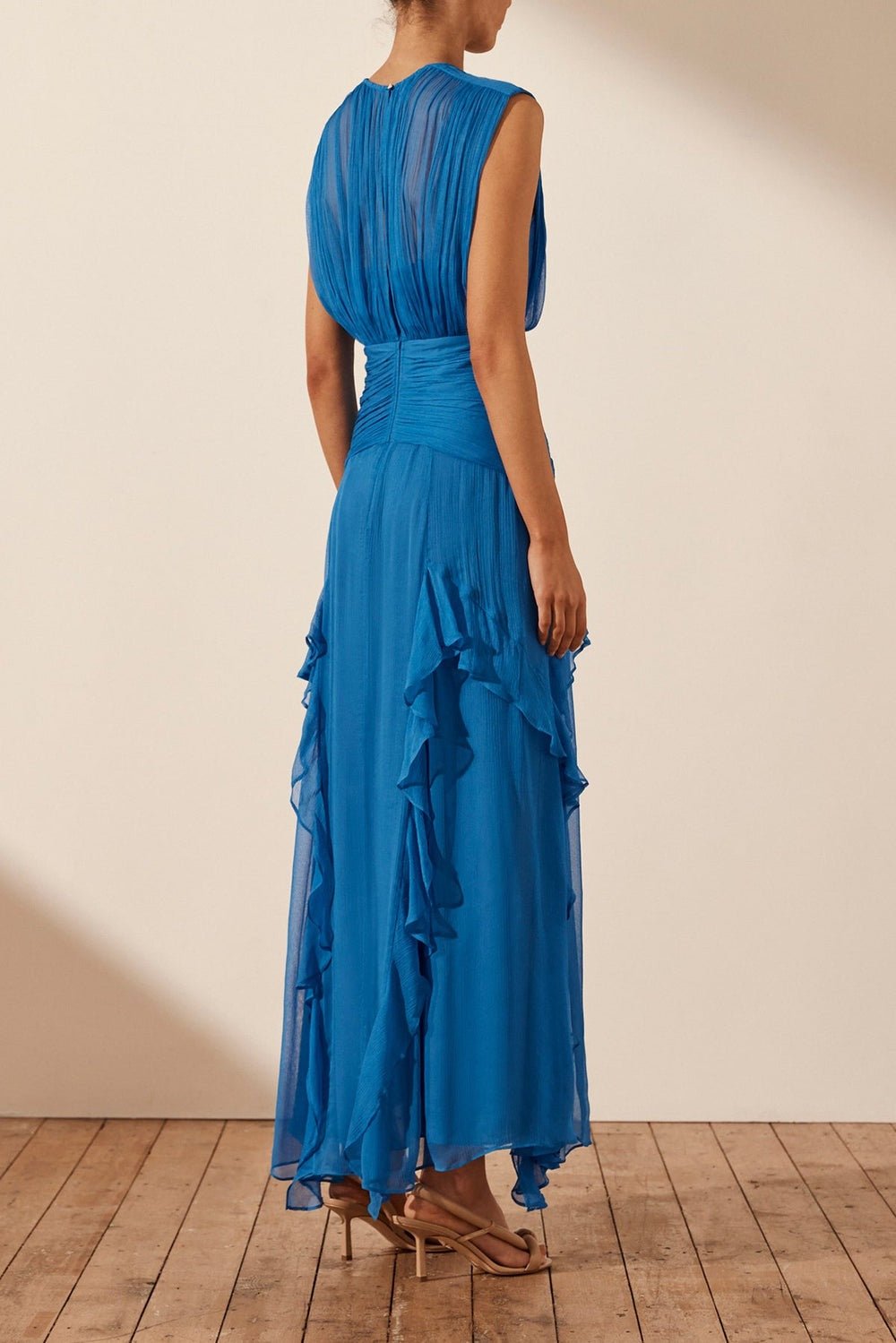 Eila Pleated Round Neck Ruffle Maxi Dress