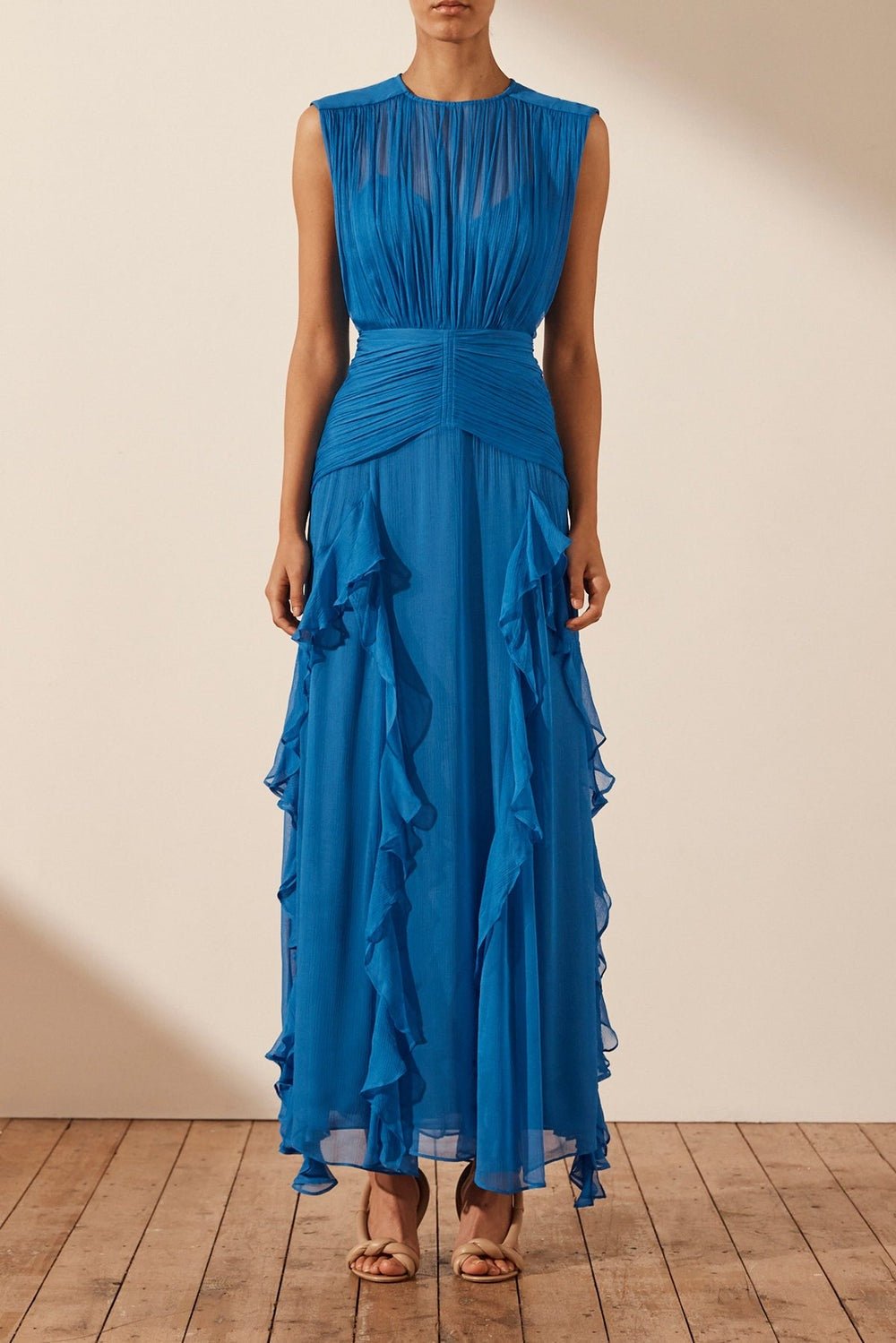 Eila Pleated Round Neck Ruffle Maxi Dress