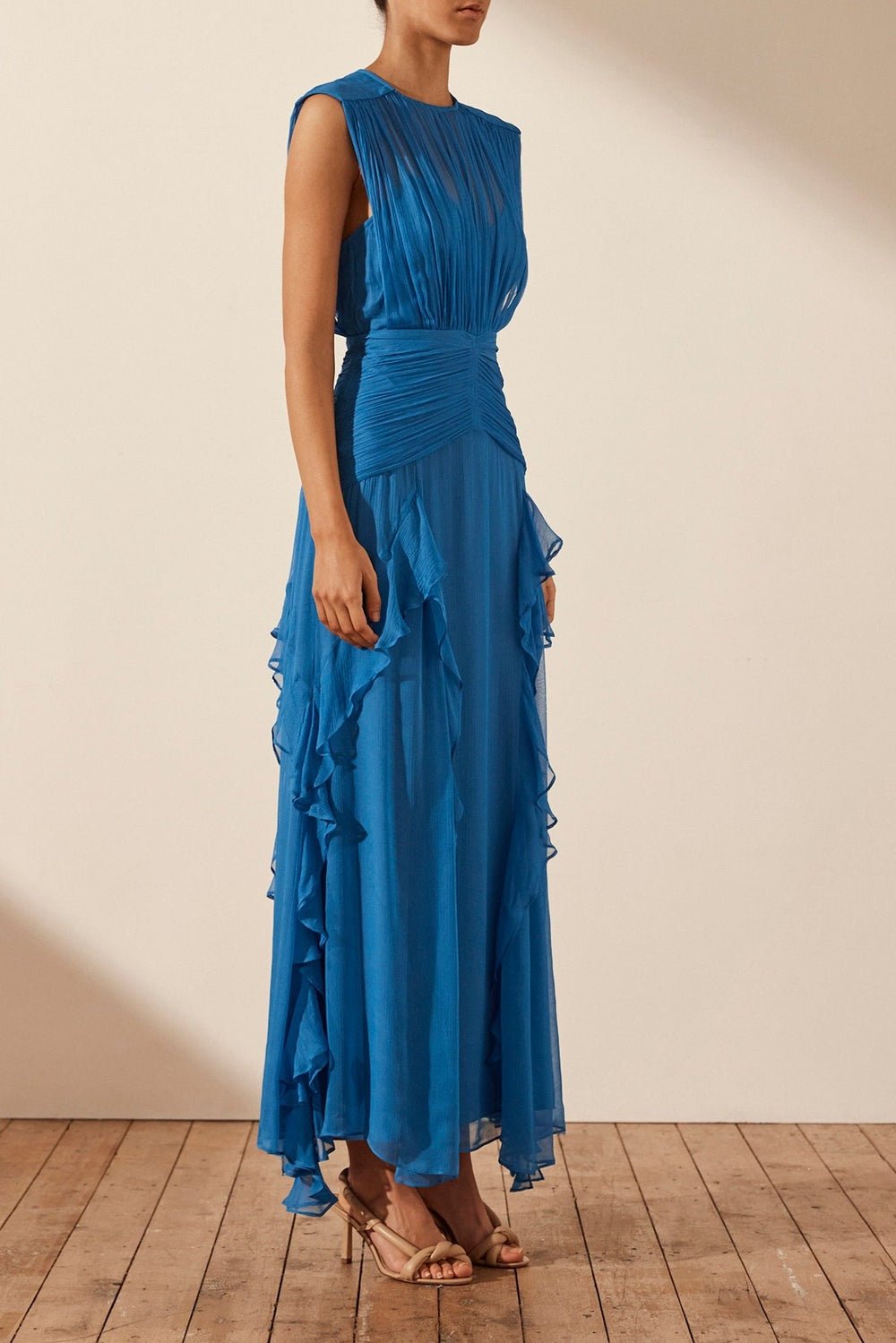 Eila Pleated Round Neck Ruffle Maxi Dress