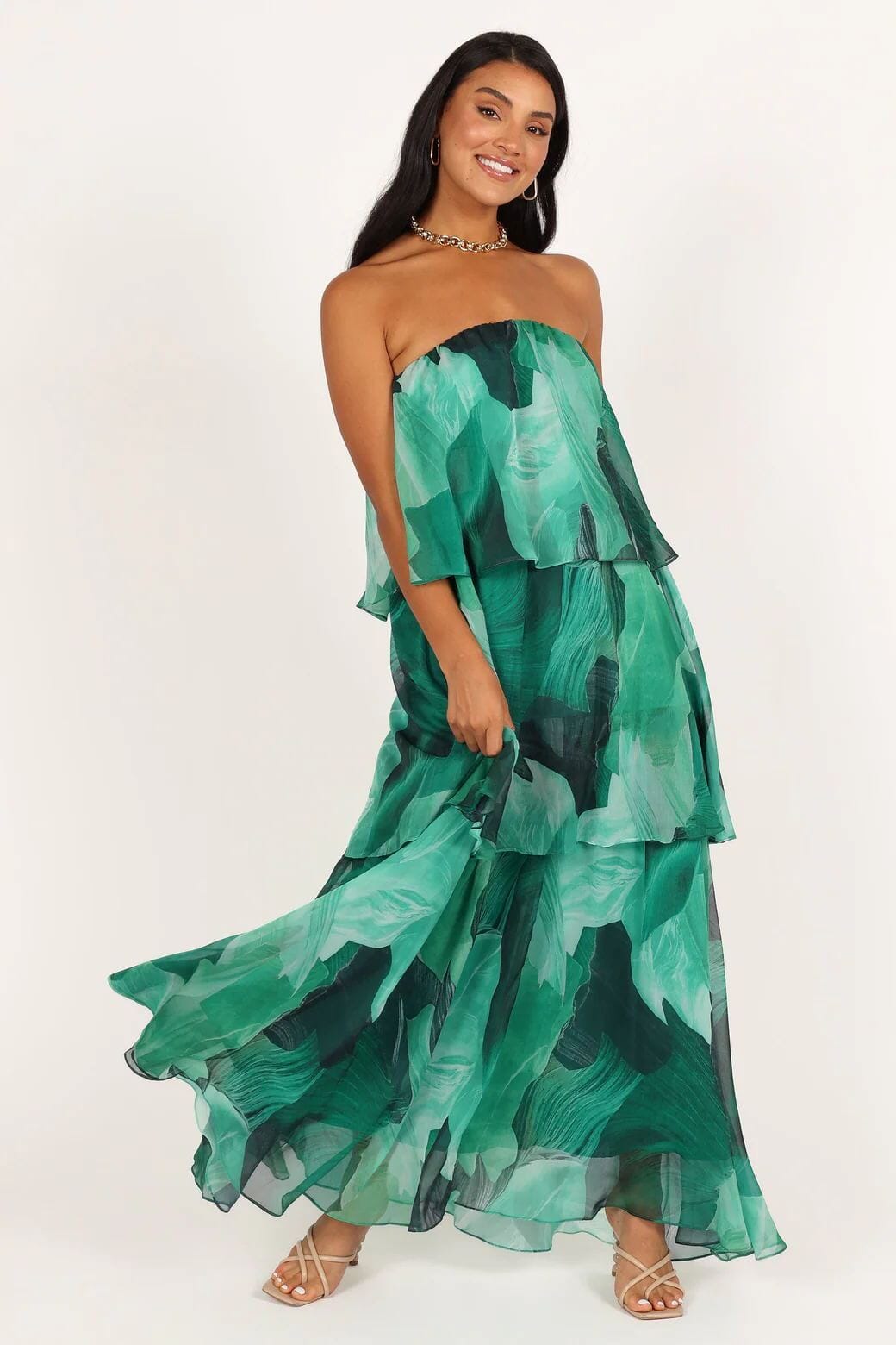 Elsie Gelaagde Strapless Maxi Jurk JURKJESBOETIEK Groen S 