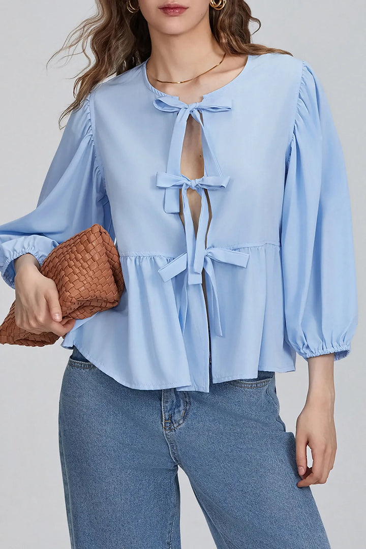 Pauline Puff Sleeve Peplum Bow Ties Blouse Top