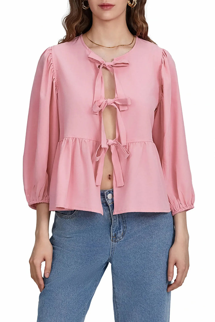 Pauline Puff Sleeve Peplum Bow Ties Blouse Top