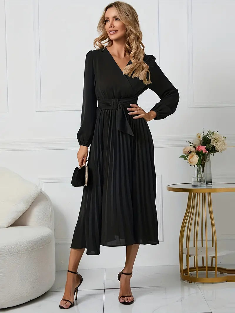 Angela Plain Midi Dress with Neckline and Belt SOPHIE/CLAIRE 