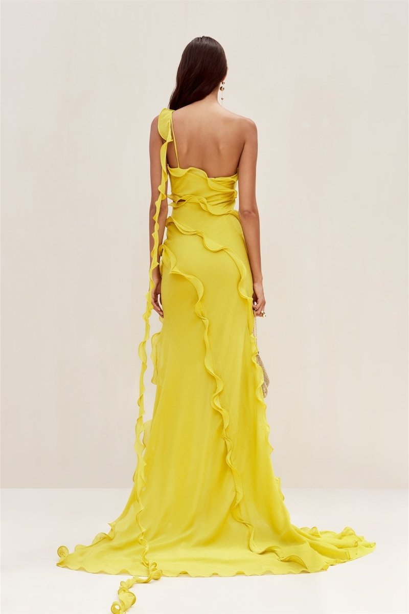 Gloria One Shoulder Ruffle Maxi Chiffon Dress