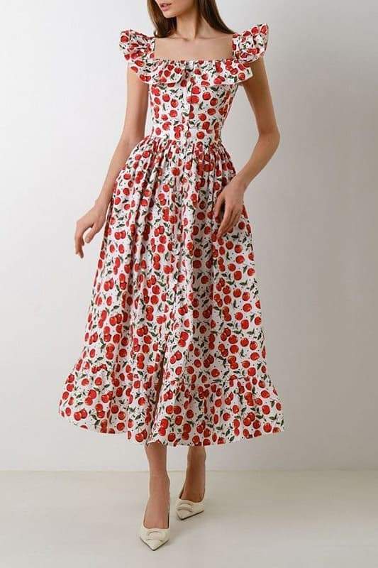 Giana Cherry Printed Ruffle Midi Dress