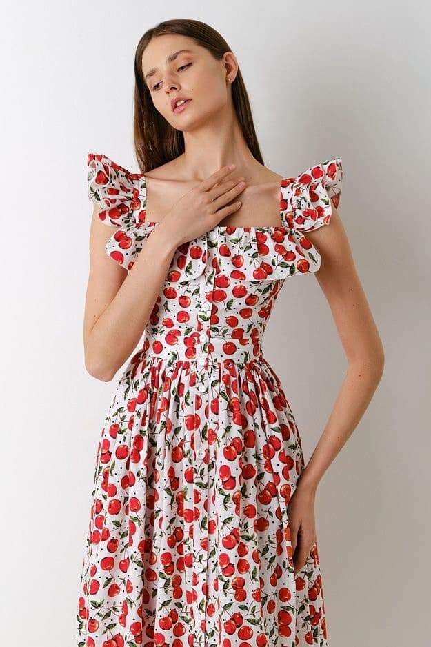 Giana Cherry Printed Ruffle Midi Dress