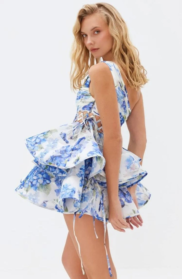 Andrea Floral Printed One-shoulder Mini Chiffon Dress