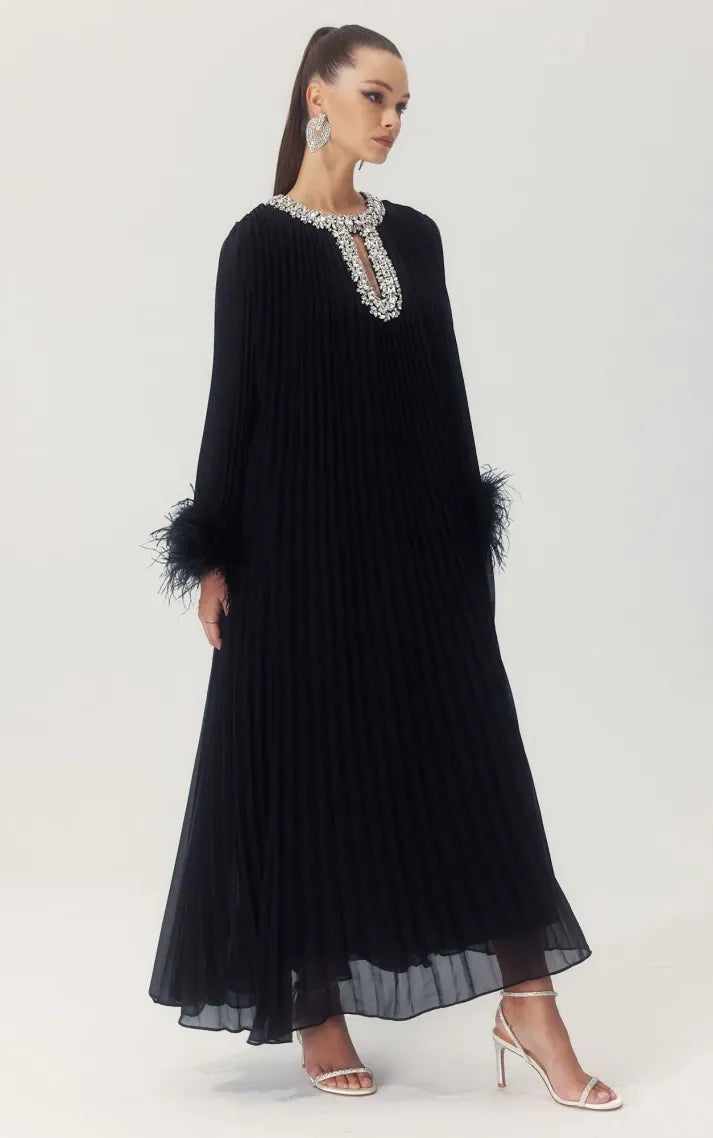 Maria Diamante Feathered Pleated Maxi Chiffon Dress