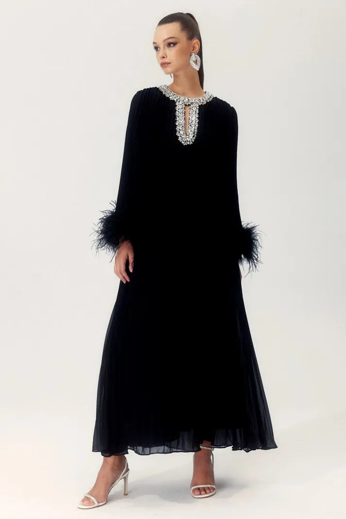 Maria Diamante Feathered Pleated Maxi Chiffon Dress