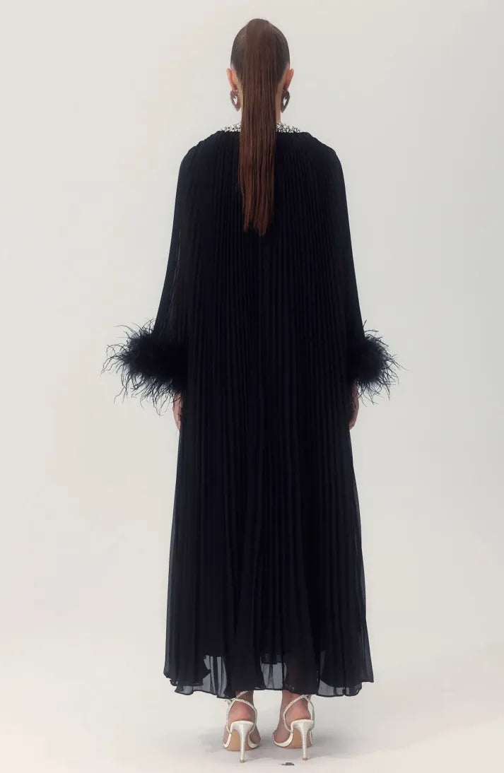 Maria Diamante Feathered Pleated Maxi Chiffon Dress