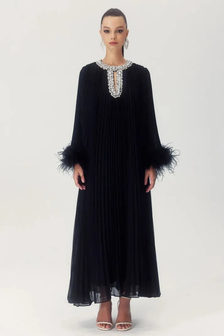 Maria Diamante Feathered Pleated Maxi Chiffon Dress