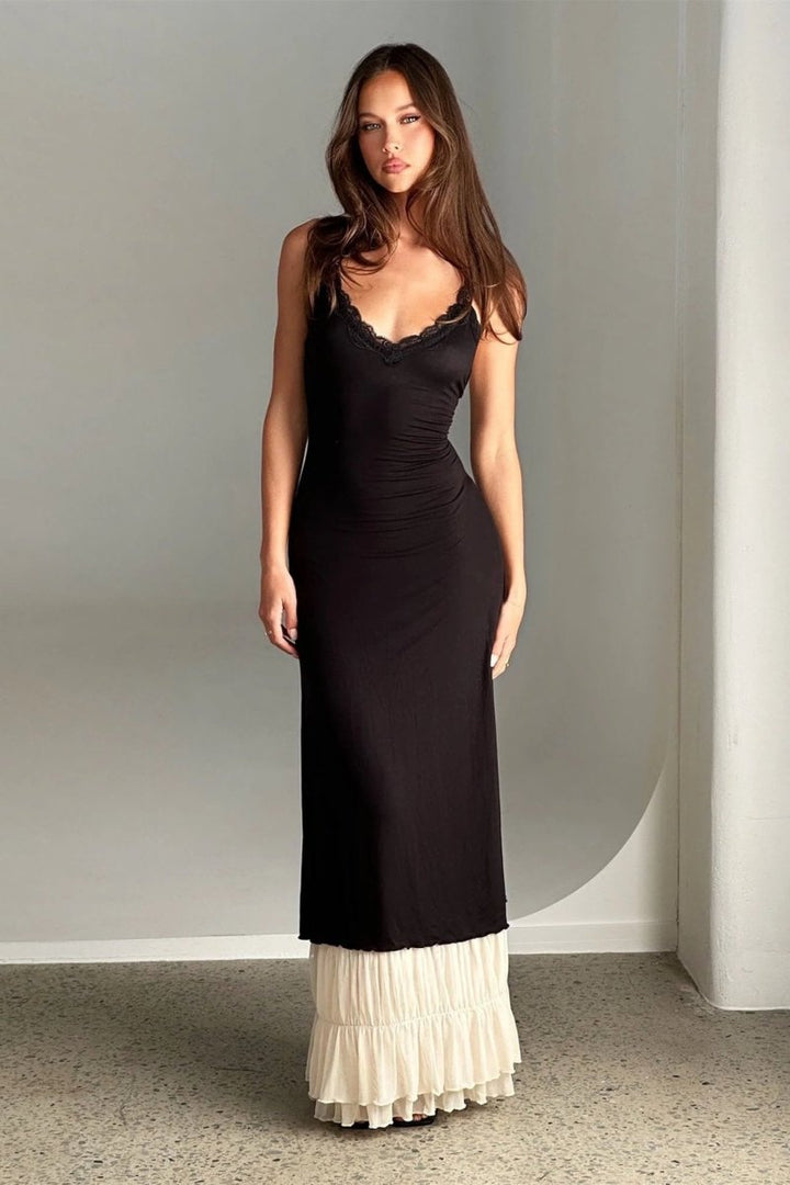 Ivana V-neck Lace Trim Maxi Dress