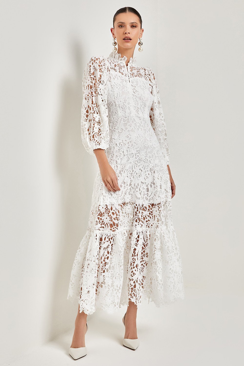 Jean Embroidered Lace Trimmed Flare Maxi Dress