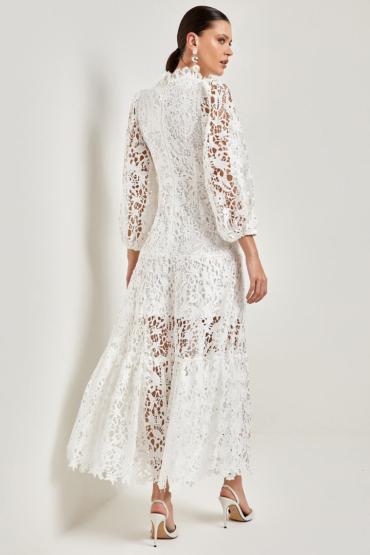 Jean Embroidered Lace Trimmed Flare Maxi Dress